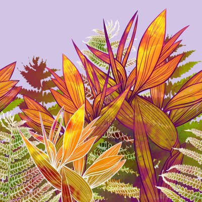 Papier peint  Tropical leaves and strelitzia seamless border. Digital art with mixed media texture - watercolour, acrylic. Endless motif for packaging, scrapbooking, textiles, decoupage paper.