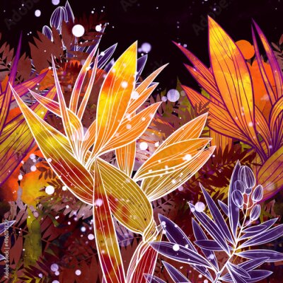 Papier peint  Tropical leaves and strelitzia seamless border. Digital art with mixed media texture - watercolour, acrylic. Endless motif for packaging, scrapbooking, textiles, decoupage paper.