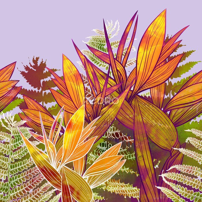 Papier peint  Tropical leaves and strelitzia seamless border. Digital art with mixed media texture - watercolour, acrylic. Endless motif for packaging, scrapbooking, textiles, decoupage paper.