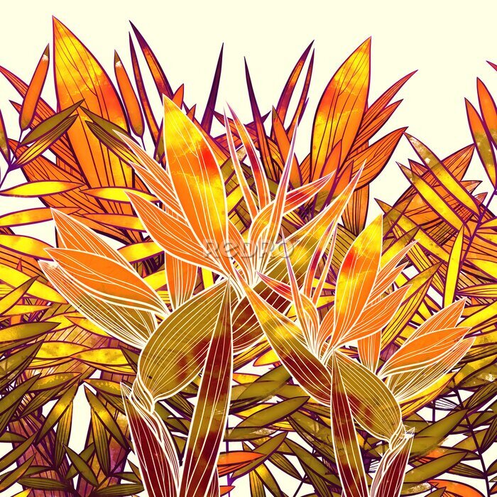 Papier peint  Tropical leaves and strelitzia seamless border. Digital art with mixed media texture - watercolour, acrylic. Endless motif for packaging, scrapbooking, textiles, decoupage paper.