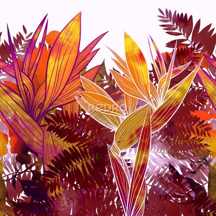 Papier peint  Tropical leaves and strelitzia seamless border. Digital art with mixed media texture - watercolour, acrylic. Endless motif for packaging, scrapbooking, textiles, decoupage paper.