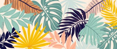 Papier peint  Tropical leaves background vector. Botanical foliage banner design hand drawn colorful palm leaf, monstera leaves line art. Design for wallpaper, cover, cards, packaging, flyer, fabric.