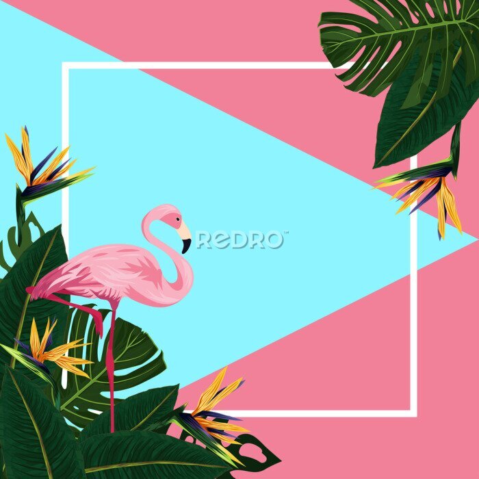 Papier peint  Tropical leaves, flamingos and tropical flower Strelitzia Royale on a graphic background. Modern summer design for a card, banner or invitation. Vector illustration for design and web.