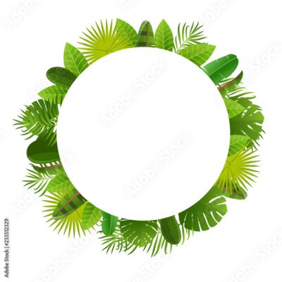 Papier peint  Tropical leaves frame. Floral jungle design background. Palm, banana, frangipany, monstera, strelitzia