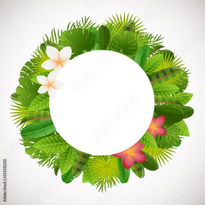 Papier peint  Tropical leaves frame. Floral jungle design background. Palm, banana, frangipany, monstera, strelitzia