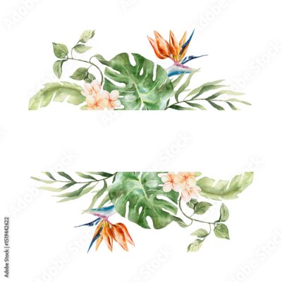 Papier peint  Tropical leaves frame with space for text. Plants strelitzia, monstera, palm, plumeria. Hand drawn watercolor illustration isolated. Postcards, invitations, summer banners, covers, labels.