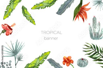 Papier peint  Tropical leaves horizontal banner with tropical flowers hibiscus and strelitzia, trendy Summer tropical leaves. Exotic composition with palm leaves watercolor universal background with place for text