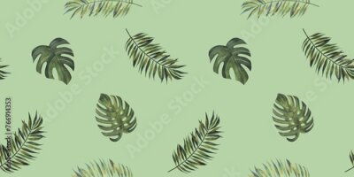 Papier peint  Tropical leaves. Monstera, strelitzia, palms. Watercolor seamless pattern.