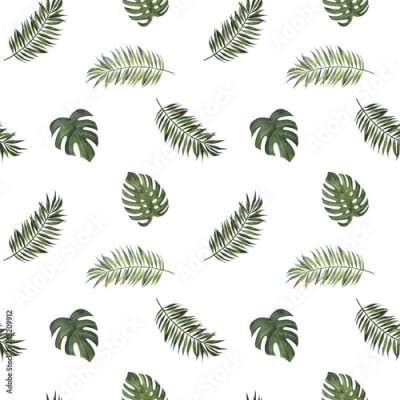 Papier peint  Tropical leaves. Monstera, strelitzia, palms. Watercolor seamless pattern.