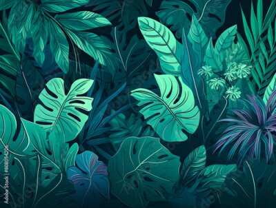 Papier peint  Tropical leaves. Monstera, strelitzia, palms. Watercolor seamless pattern. Generative AI