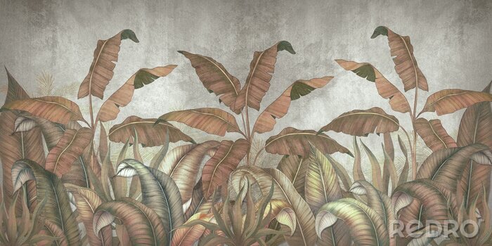 Papier peint  Tropical leaves on a gray background. Photo wallpaper with leaves. Fresco for the interior. Wall decor in grunge style. Painted leaves. Photo wallpapers 3d.