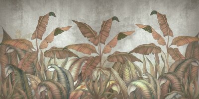 Papier peint  Tropical leaves on a gray background. Photo wallpaper with leaves. Fresco for the interior. Wall decor in grunge style. Painted leaves. Photo wallpapers 3d.