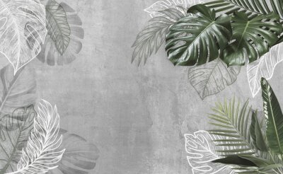 Papier peint  Tropical leaves on grey cement background. Material for advertising and creativity. Monstera Leaves. 3d illustration. Banner With Copy Space
