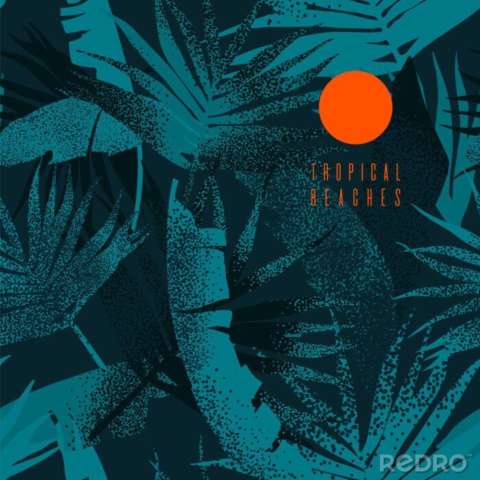 Papier peint  Tropical leaves pattern. Seamless texture with banana leaves and palm tree leaf. Banner for the travel and tourism industry, summer season. Dark blue floral design element.