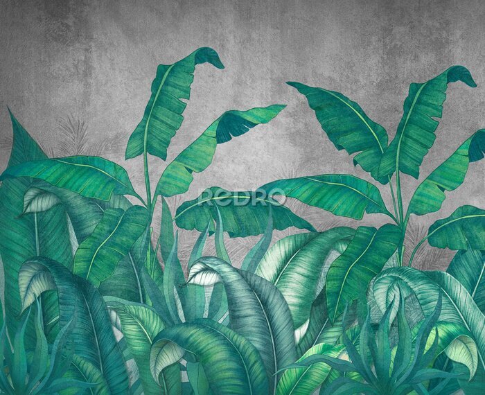Papier peint  Tropical leaves . Photo wallpaper with leaves. Fresco for the interior. Wall decor in grunge style. Painted green leaves. Photo wallpapers 3d.