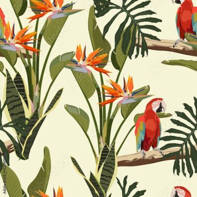 Papier peint  Tropical leaves, strelitzia flowers, birds of paradise red parrot seamless realistic background.