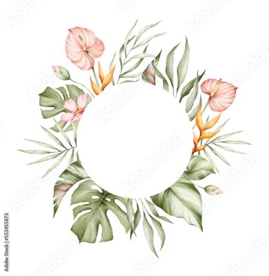 Papier peint  Tropical leaves watercolor frame. Monstera, hibiscus flowers, strelitzia, palm tree and other jungle plants. Floral frame, botanical card for wedding invitation. 