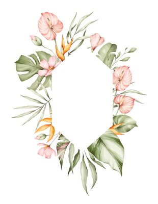 Papier peint  Tropical leaves watercolor frame. Monstera, hibiscus flowers, strelitzia, palm tree and other jungle plants. Floral frame, botanical card for wedding invitation. 