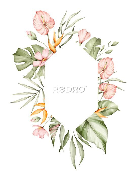 Papier peint  Tropical leaves watercolor frame. Monstera, hibiscus flowers, strelitzia, palm tree and other jungle plants. Floral frame, botanical card for wedding invitation. 