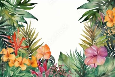 Papier peint  Tropical leaves watercolor frame. Monstera, hibiscus flowers, strelitzia, palm tree and other jungle plants. Floral frame, botanical card for wedding invitation. Generative AI