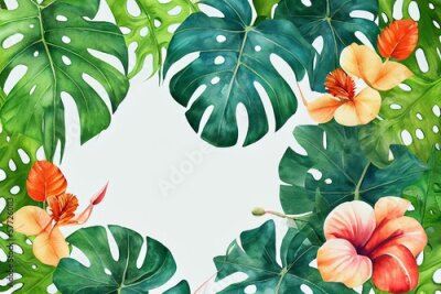 Papier peint  Tropical leaves watercolor frame. Monstera, hibiscus flowers, strelitzia, palm tree and other jungle plants. Floral frame, botanical card for wedding invitation. Generative AI