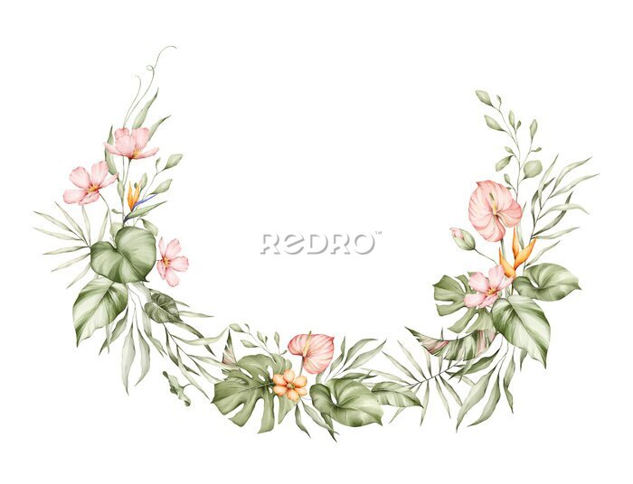 Papier peint  Tropical leaves watercolor wreath. Monstera, hibiscus flowers, strelitzia, palm tree and other jungle plants. Floral frame, botanical card for wedding invitation. 