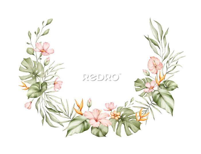 Papier peint  Tropical leaves watercolor wreath. Monstera, hibiscus flowers, strelitzia, palm tree and other jungle plants. Floral frame, botanical card for wedding invitation. 