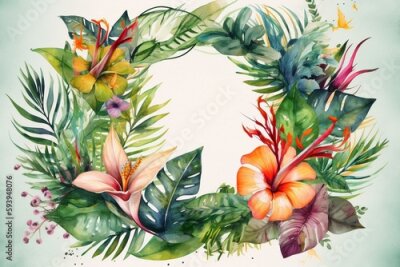 Papier peint  Tropical leaves watercolor wreath. Monstera, hibiscus flowers, strelitzia, palm tree and other jungle plants. Floral frame, botanical card for wedding invitation. Generative AI