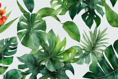 Papier peint  Tropical leaves watercolor wreath. Monstera, hibiscus flowers, strelitzia, palm tree and other jungle plants. Floral frame, botanical card for wedding invitation. Generative AI