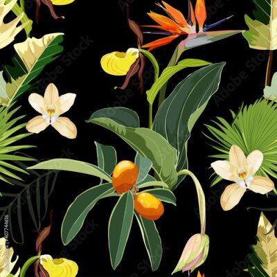 Papier peint  Tropical leaves with strelitzia flowers. Seamless design with amazing palant with flowers. Fashion, interior, wrapping, packaging suitable. Realistic branch on black background.