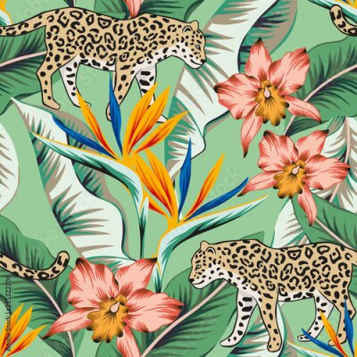 Papier peint  Tropical leopard animal, banana palm leaves, strelitzia, orchid flowers, green background. Vector seamless pattern. Graphic illustration. Exotic jungle. Summer beach floral design. Paradise nature