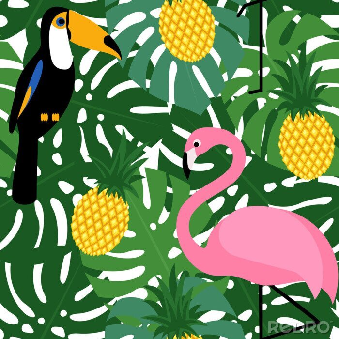 Papier peint  Tropical modèle à la mode sans couture avec des flamants roses, des toucans, des ananas et des feuilles de palmier vert. Exotique, Hawaï, art, fond Design pour tissu et décoration.