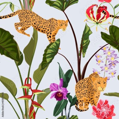 Papier peint  Tropical natural green plant composition on white background. Beach seamless pattern wallpaper with orchids, strelitzia flowers and leopard animal.
