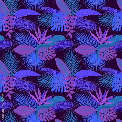 Papier peint  tropical night foliage plants  seamless pattern with palm banana monstera leaves, hanging heliconia flower, strelitzia