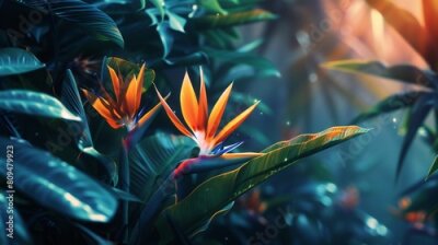 Papier peint  Tropical Oasis: Nestled among lush foliage, the Strelitzia blooms like a tropical oasis, a sanctuary of calm amidst verdant greenery.