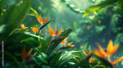 Papier peint  Tropical Oasis: Nestled among lush foliage, the Strelitzia blooms like a tropical oasis, a sanctuary of calm amidst verdant greenery.