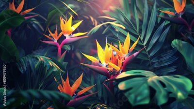 Papier peint  Tropical Oasis: Nestled among lush foliage, the Strelitzia blooms like a tropical oasis, a sanctuary of calm amidst verdant greenery.