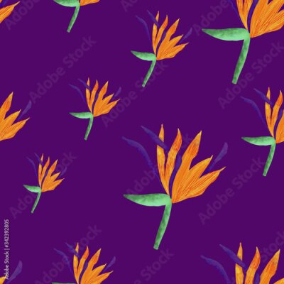 Papier peint  Tropical orange strelitzia flowers on violet background. Summer seamless pattern. Print, packaging, wallpaper, textile design