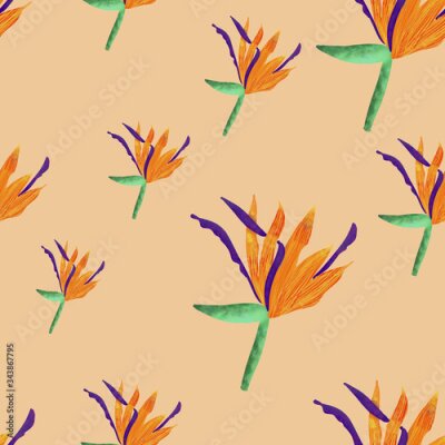 Papier peint  Tropical orange strelitzia on orange background. Seamless summer pattern. Elegant print. Packaging, wallpaper, textile, fabric design