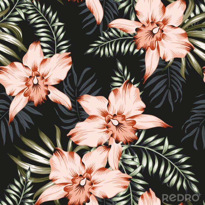 Papier peint  Tropical orchid flowers and palm leaves bouquets, black background. Vector seamless pattern. Jungle foliage illustration. Exotic plants. Summer beach floral design. Paradise nature