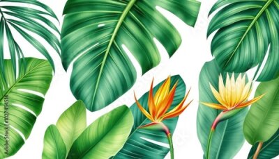 Papier peint  Tropical palm leaves: banana palm, monstera, strelitzia on isolated white background, watercolor botanical illustration AI Generate