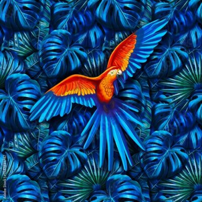 Papier peint  Tropical Parrot and Exotic Flowers Seamless Pattern. Bright seamless tropical pattern with parrot, lotus, protea, strelitzia, and palm leaves. Perfect for textile, packaging, branding, summer produkt