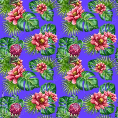 Papier peint  Tropical Parrot and Exotic Flowers Seamless Pattern. Bright seamless tropical pattern with parrot, lotus, protea, strelitzia, and palm leaves. Perfect for textile, packaging, branding, summer produkt