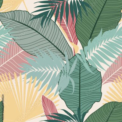 Papier peint  Tropical pattern with palm, banana, strelitzia leaves on baige yellow background. Hawaiian style. Seamless pattern with colorful leaves and plants. 