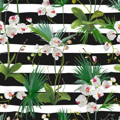 Tropical, paume, feuilles, orchidée, fleurs, fond Seamless Pattern