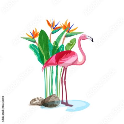 Papier peint  Tropical pink flamingo bird stands in water and strelitzia exotic flowers and green leaves on backdrop. Vector hand drawn illustration, design elements isolated on white background.