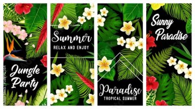Papier peint  Tropical plants and flowers vector banners, exotic blossoms hibiscus, orchid, strelitzia or plumeria with green palm leaves. Summer tropical vacation plants or flowers, summertime season holiday cards