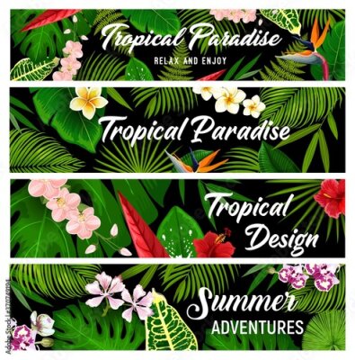 Papier peint  Tropical plants and flowers vector banners, exotic palm leaves and blossoms. Floral cards with tropic hawaiian flowers exotic hibiscus, plumeria, orchid and strelitzia, fern, monstera and areca palm