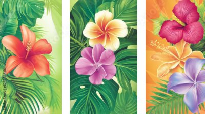 Papier peint  Tropical plants and flowers vector banners, exotic palm leaves and blossoms. Floral cards with tropic hawaiian flowers exotic hibiscus, plumeria, orchid and strelitzia, fern, monstera and areca palm