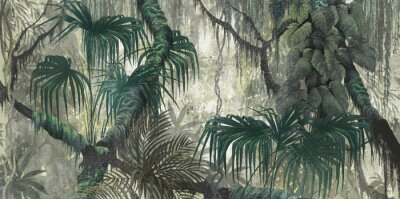 Papier peint  Tropical plants and trees on a textural background photo wallpaper in the interior
